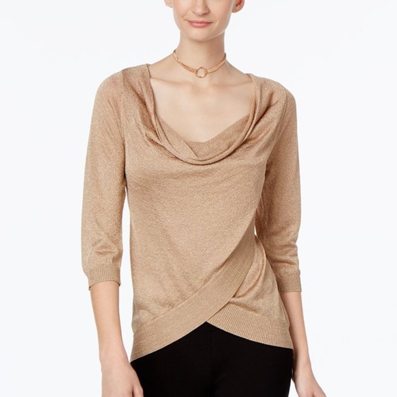 INC International Concepts Sweaters - INC Gold Metallic Wrap Hem Tunic Sweater